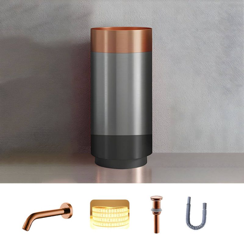 Modern Bathroom Sink with Pop-Up Drain Round Metal Pedestal Bathroom Sink - Rose Gold Sink with Faucet Sensor Faucet