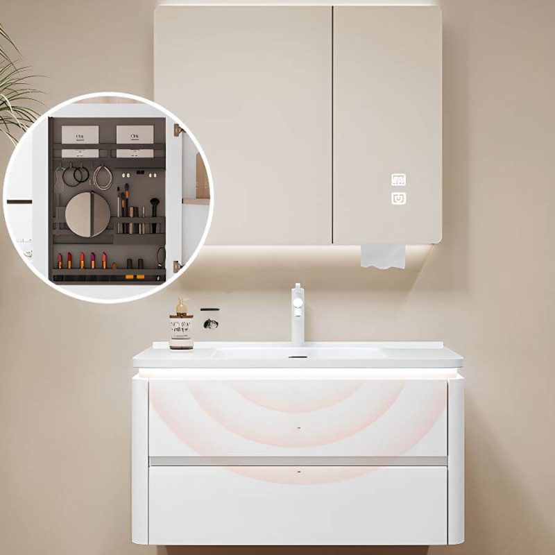 White Base Bathroom Vanity with White Faucet, 2 Doors, Backsplash, Rectangular Sink, Shelf, and Modern Simple Style, Vanity & Faucet & Smart Medicine Cabinet, 28"L x 20"W x 19"H