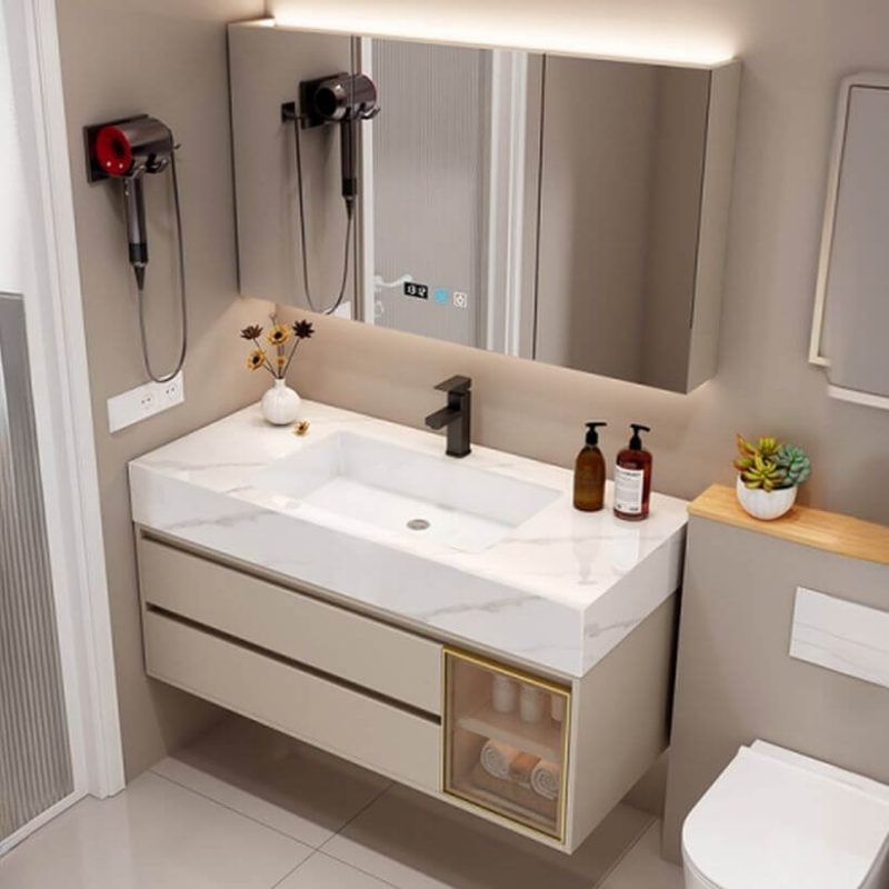 Bathroom Vanity with Sintered Stone Countertop, Ivory Base, 3 Doors, Chalk Rectangular Sink, Shelf & Black Faucet, 31.5"L x 20"W x 22"H, Vanity & Faucet & Smart Medicine Cabinet
