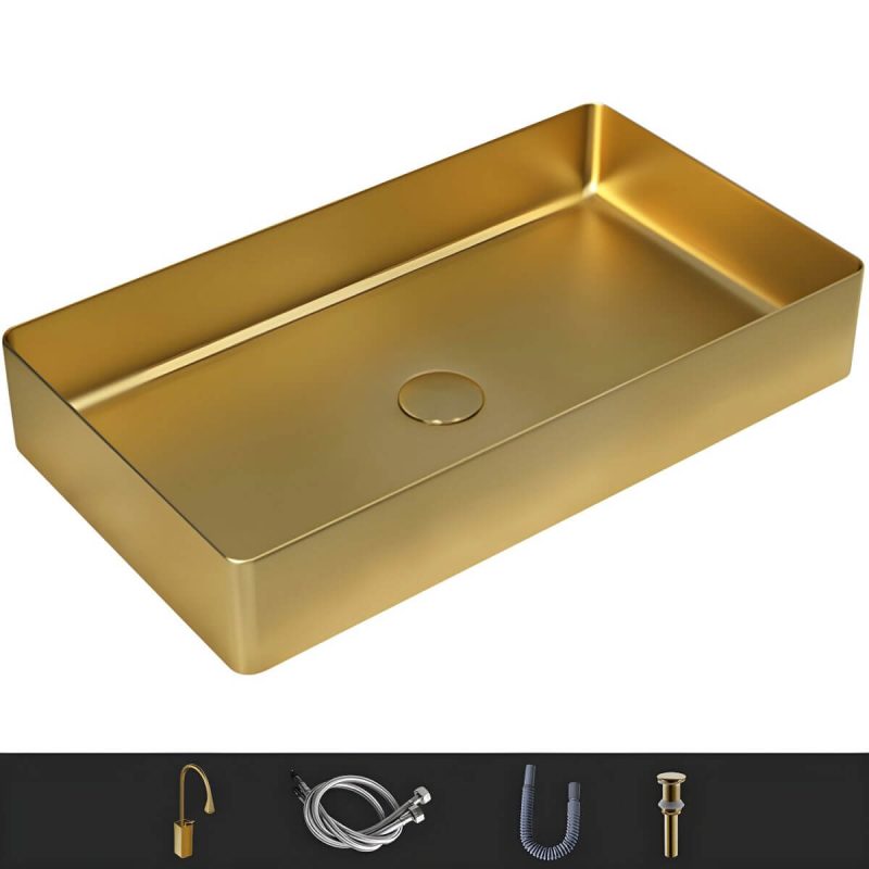 Modern Wash Stand Metal Rectangular with Drain Assembly and Faucet Vessel Bathroom Sink - Sink with Faucet Gold Gooseneck/High Arc
