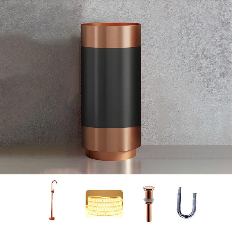 Modern Bathroom Sink with Pop-Up Drain Round Metal Pedestal Bathroom Sink - Black-Rose Gold Sink with Faucet Floor-standing