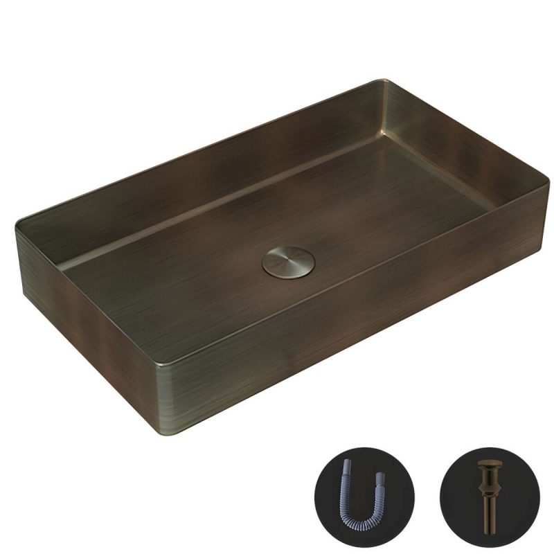 Modern Wash Stand Metal Rectangular with Drain Assembly and Faucet Vessel Bathroom Sink - Sink Bronze None