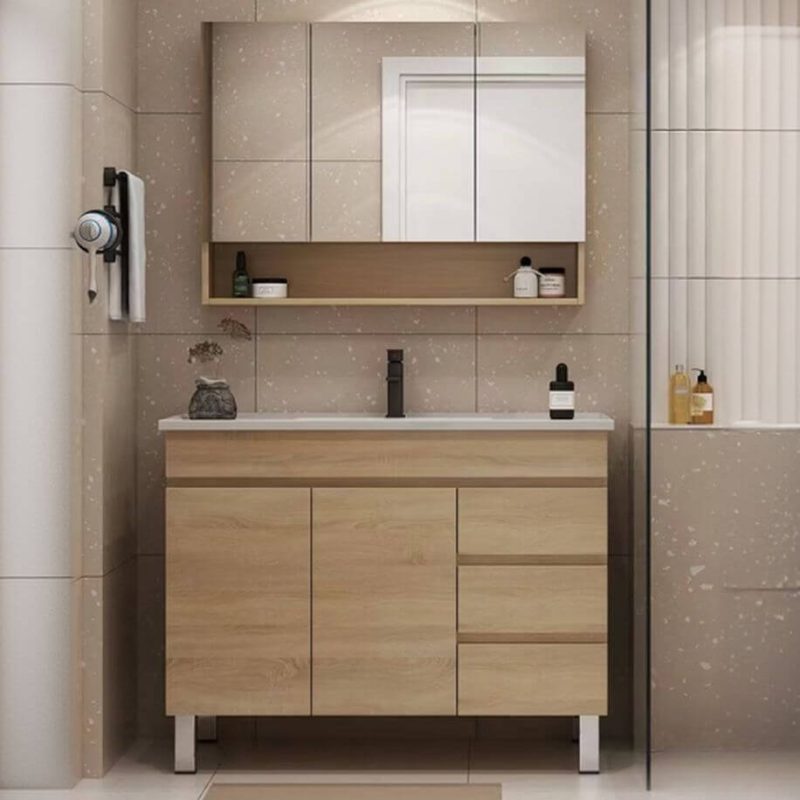 Chalk Top Bathroom Vanity with 3 Drawers, 5 Doors, Free-standing Standard Installation, Midnight Black Faucet, Shelf, and Drain Assembly, 35"L x 20"W x 33"H, Vanity & Faucet & Mirror Cabinet