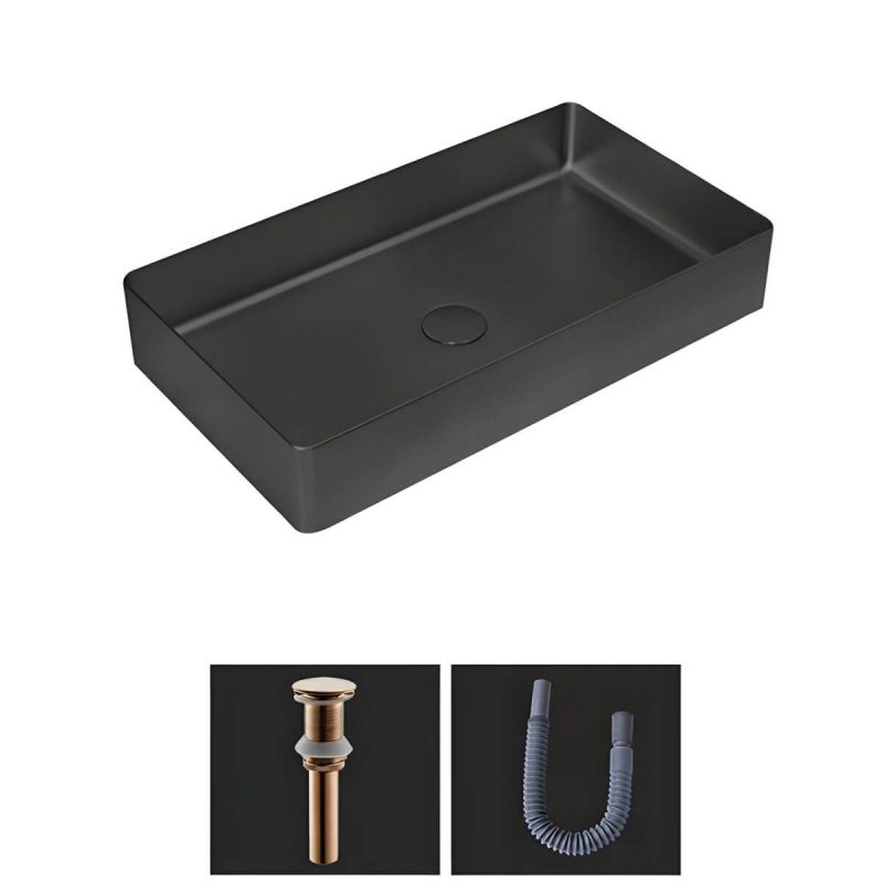 Modern Bathroom Sink Metal Rectangular Vessel Bathroom Sink with Pop-Up Drain - Black Sink