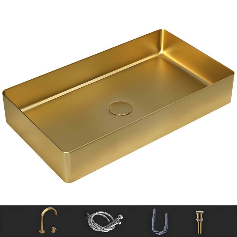 Modern Wash Stand Metal Rectangular with Drain Assembly and Faucet Vessel Bathroom Sink - Sink with Faucet Gold Low Profile