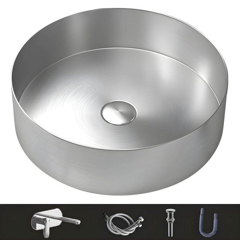 Modern Vessel Bathroom Sink Metal Round with Pop-Up Drain Wash Stand - Sink with Faucet Silver Round Faucet