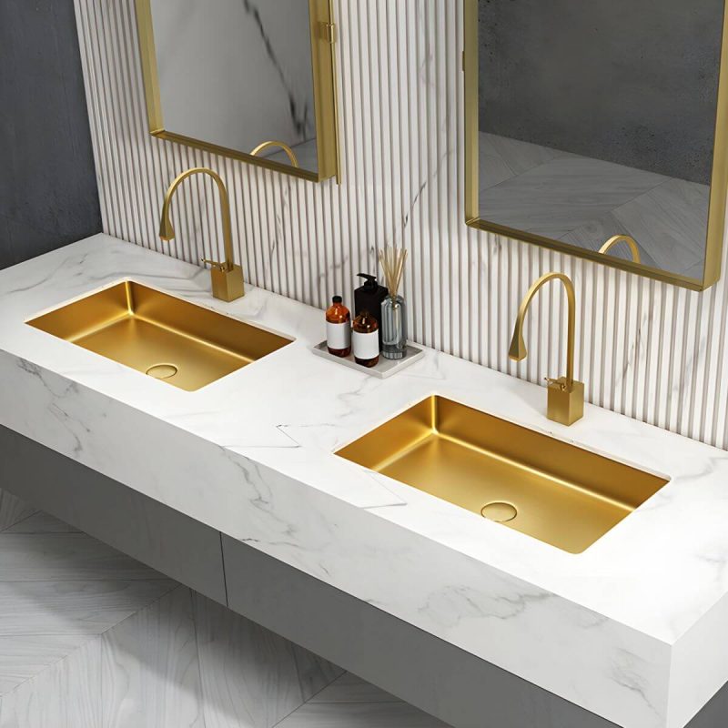 Metal Rectangular Bathroom Sink Modern Undermount Bathroom Sink - Sink with Faucet Gold Pull Out Faucet