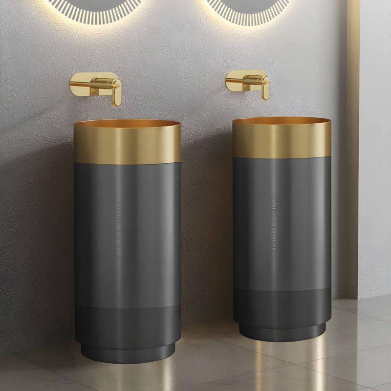 Modern Bathroom Sink with Pop-Up Drain Round Metal Pedestal Bathroom Sink - White-Rose Gold Sink with Faucet Ceiling Sensing Faucet