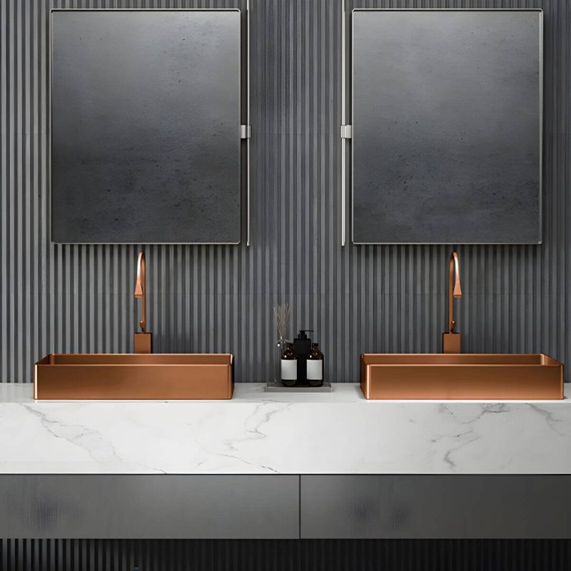 Modern Wash Stand Metal Rectangular with Drain Assembly and Faucet Vessel Bathroom Sink - Sink Rose Gold None