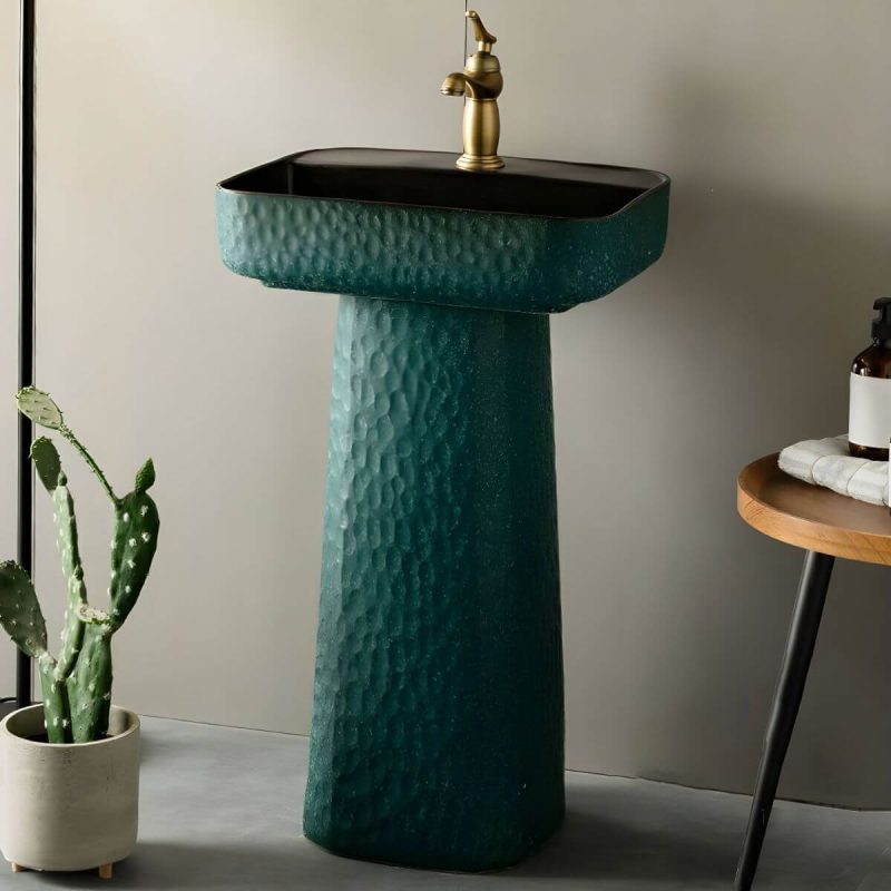 Green Rectangular Pedestal Bathroom Sink with Hand Hammered Craftsmanship and Stain-Resistant Finish - Sink with Faucet Square Faucet Brass