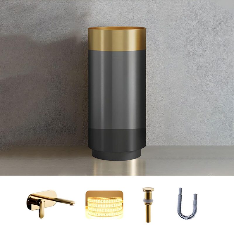Modern Bathroom Sink with Pop-Up Drain Round Metal Pedestal Bathroom Sink - Grey/ Gold Sink with Faucet Dual Hole Wall-Mounted Faucet