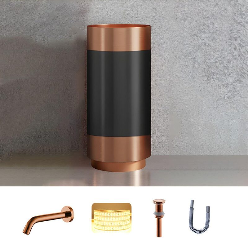 Modern Bathroom Sink with Pop-Up Drain Round Metal Pedestal Bathroom Sink - Black-Rose Gold Sink with Faucet Sensor Faucet