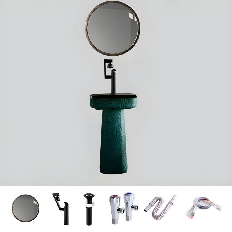 Green Rectangular Pedestal Bathroom Sink with Hand Hammered Craftsmanship and Stain-Resistant Finish - Sink & Faucet & Mirror Swivel Faucet Black