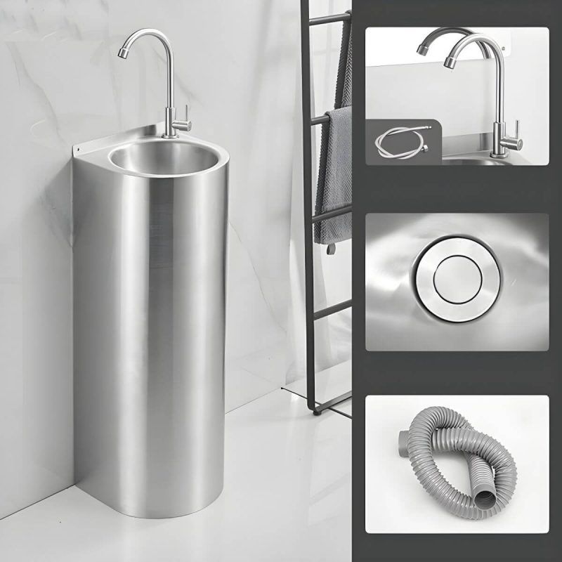 Contemporary Stainless Steel U-Shaped Pedestal Sink with Pop-Up Drain - Sink with Faucet Cold Water Dispensers Gooseneck
