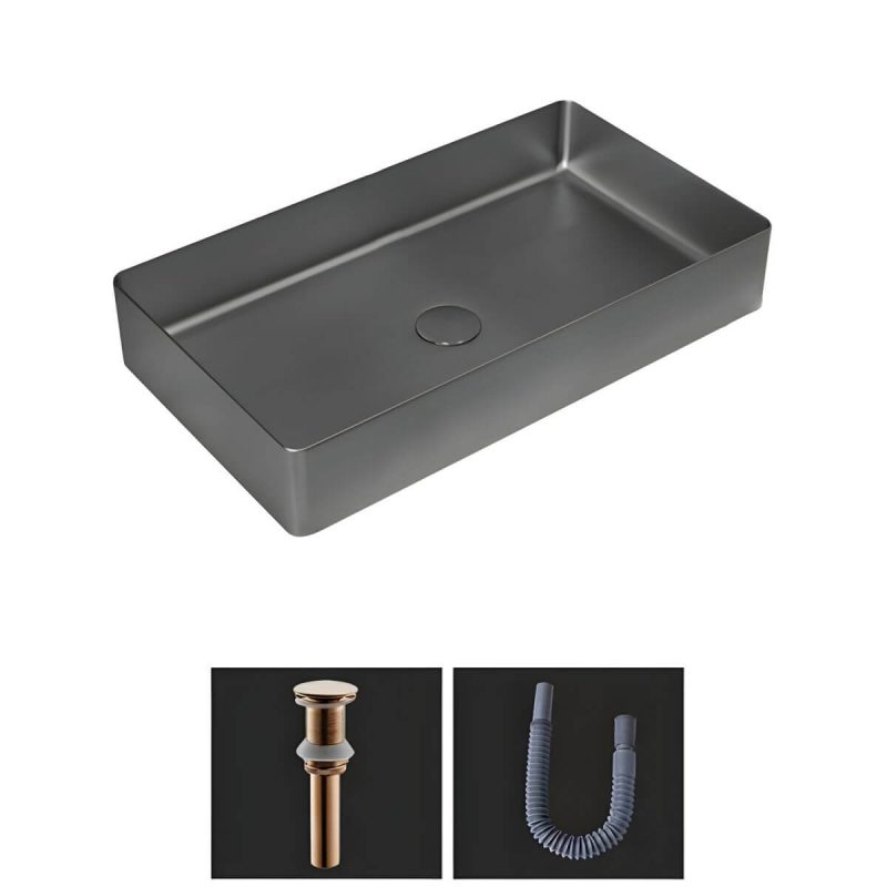 Modern Bathroom Sink Metal Rectangular Vessel Bathroom Sink with Pop-Up Drain - Grey Sink