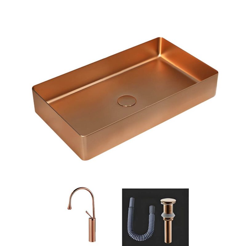 Modern Bathroom Sink Metal Rectangular Vessel Bathroom Sink with Pop-Up Drain - Sink with Faucet Rose Gold