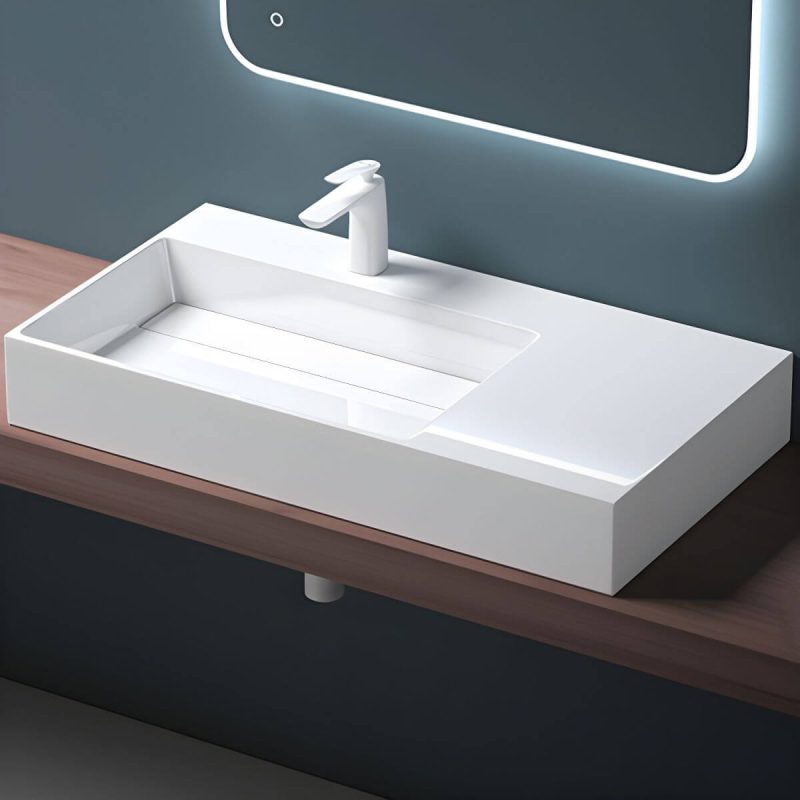 Contemporary Bathroom Sink Man Made Rock Rectangular Vessel Bathroom Sink without Faucet - 35"L x 19"W x 5"H Bright White Left Basin