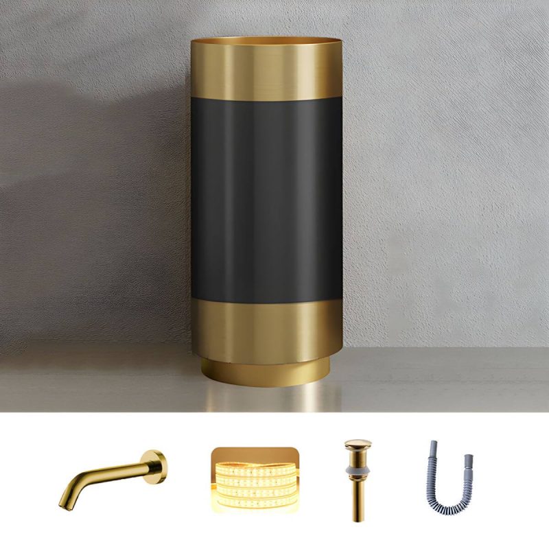 Modern Bathroom Sink with Pop-Up Drain Round Metal Pedestal Bathroom Sink - Black/ Gold Sink with Faucet Sensor Faucet