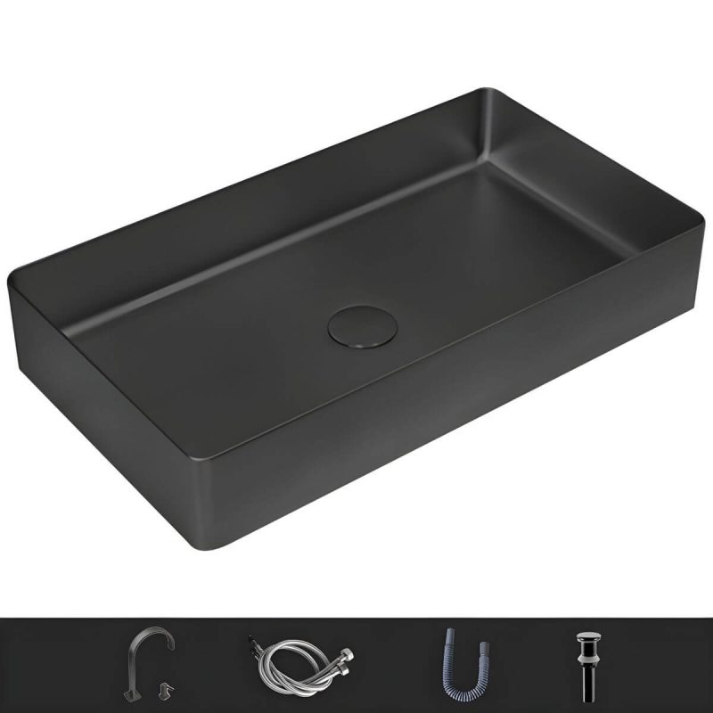 Modern Wash Stand Metal Rectangular with Drain Assembly and Faucet Vessel Bathroom Sink - Sink with Faucet Black Low Profile