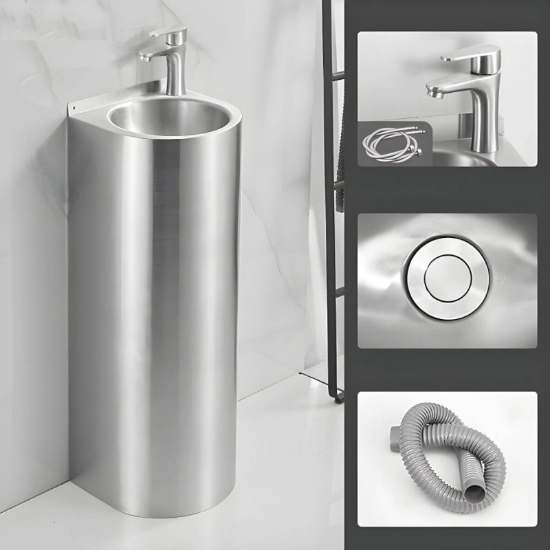 Contemporary Stainless Steel U-Shaped Pedestal Sink with Pop-Up Drain - Hot/Cold Water Dispensers Sink with Faucet Square Faucet