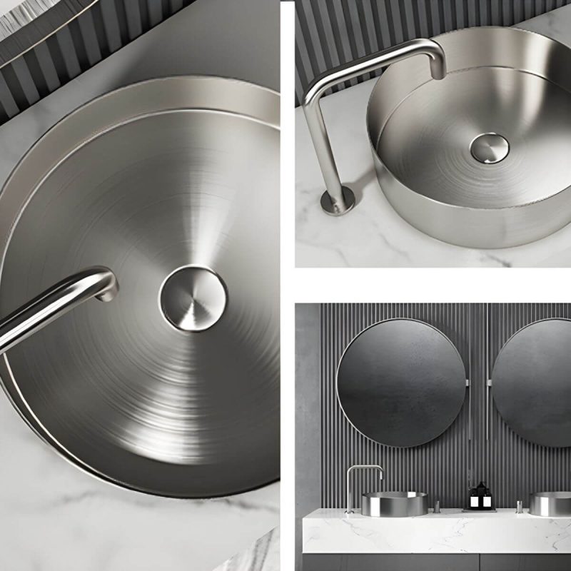 Modern Vessel Bathroom Sink Metal Round with Pop-Up Drain Wash Stand - Sink with Faucet Gold Low Profile