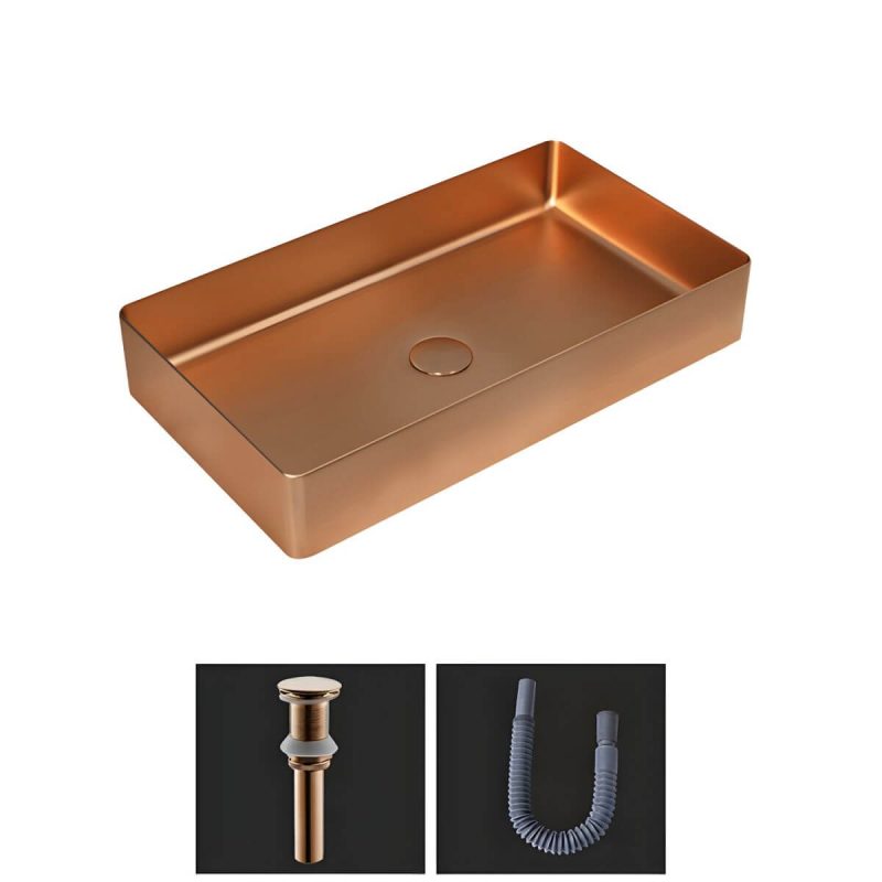 Modern Bathroom Sink Metal Rectangular Vessel Bathroom Sink with Pop-Up Drain - Rose Gold Sink
