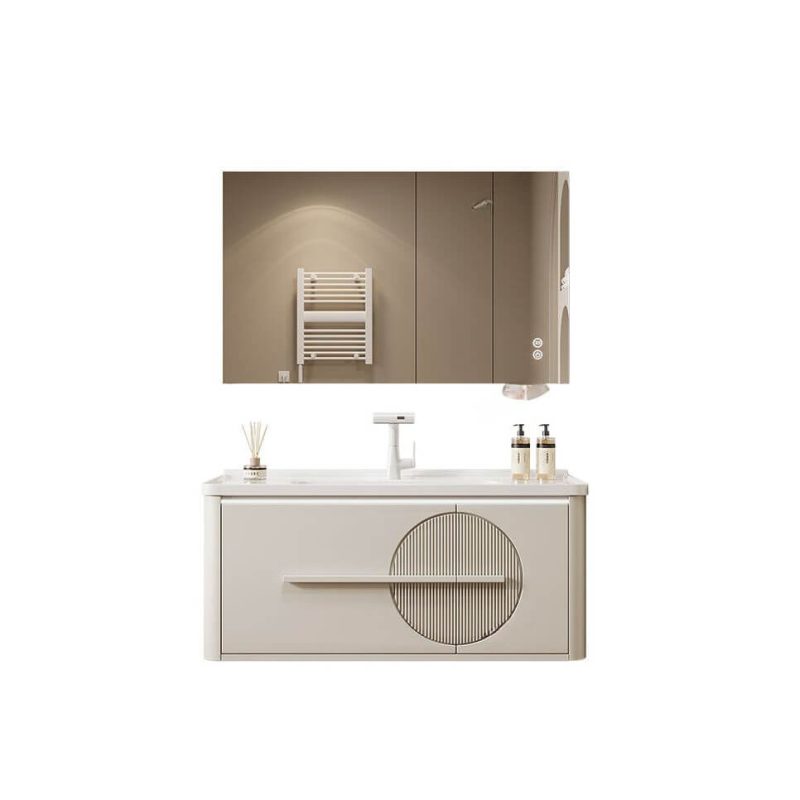 Ivory Bathroom Vanity with 1 Drawer, Cabinet Hardware, 4 Doors, Chalk Faucet, Backsplash, and Overflow Hole, Vanity & Faucet & Fully Sealed Smart Mirror Cabinet, 48"L x 20"W x 21"H