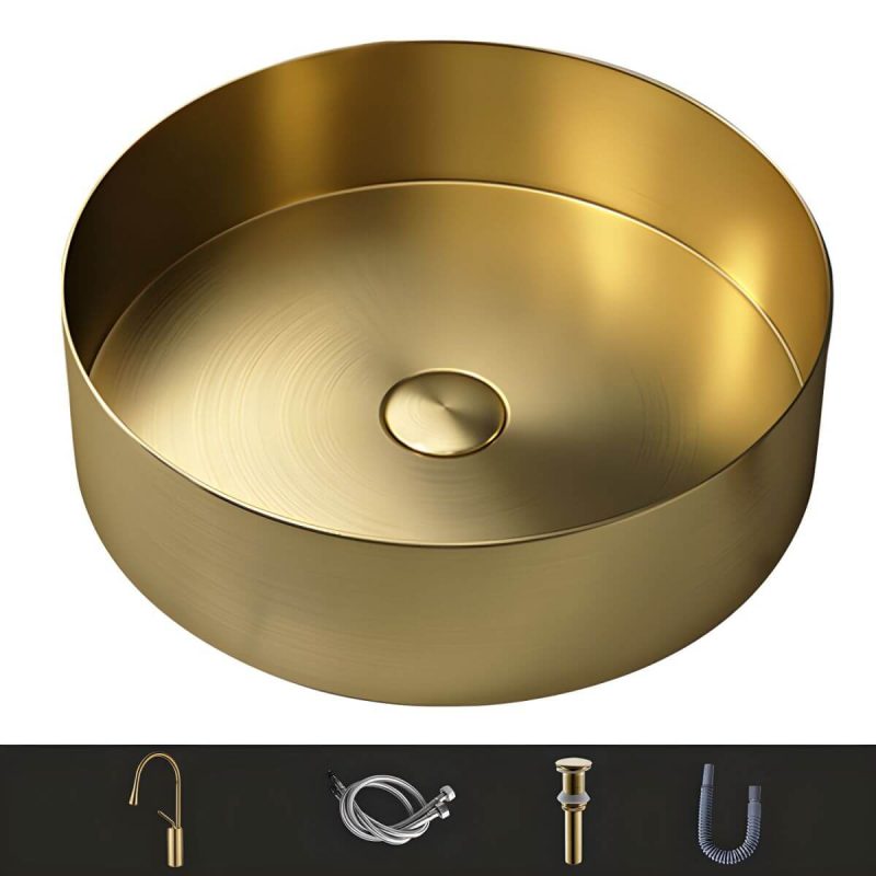 Modern Vessel Bathroom Sink Metal Round with Pop-Up Drain Wash Stand - Sink with Faucet Gold Gooseneck/High Arc