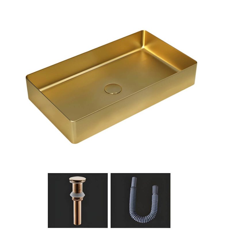 Modern Bathroom Sink Metal Rectangular Vessel Bathroom Sink with Pop-Up Drain - Gold Sink
