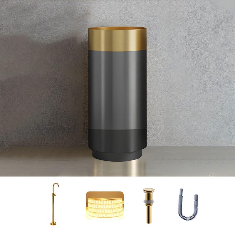 Modern Bathroom Sink with Pop-Up Drain Round Metal Pedestal Bathroom Sink - Grey/ Gold Sink with Faucet Floor-standing