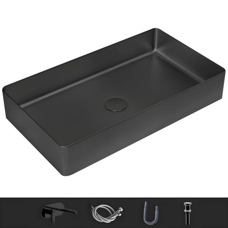 Modern Wash Stand Metal Rectangular with Drain Assembly and Faucet Vessel Bathroom Sink - Sink with Faucet Black Round Faucet