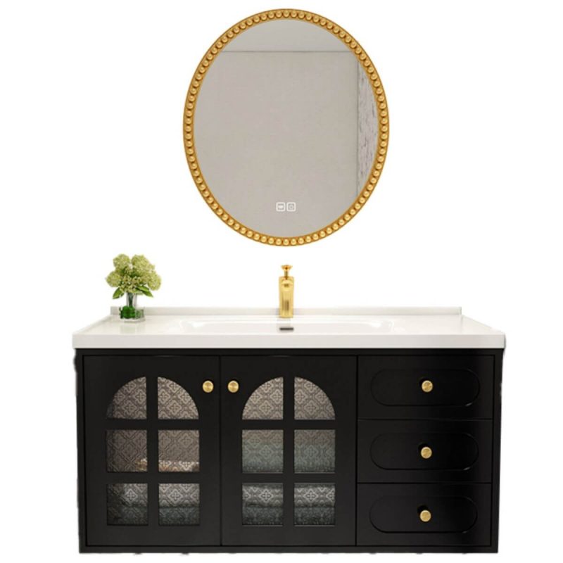 Aureate Faucet Bathroom Vanity with 3 Drawers, Black Base, Spill Proof Durability, Cabinet Hardware, 1 Mirror, and 2 Doors, Semicircle, Vanity & Faucet & Smart Mirror, 48"L x 20"W x 22"H