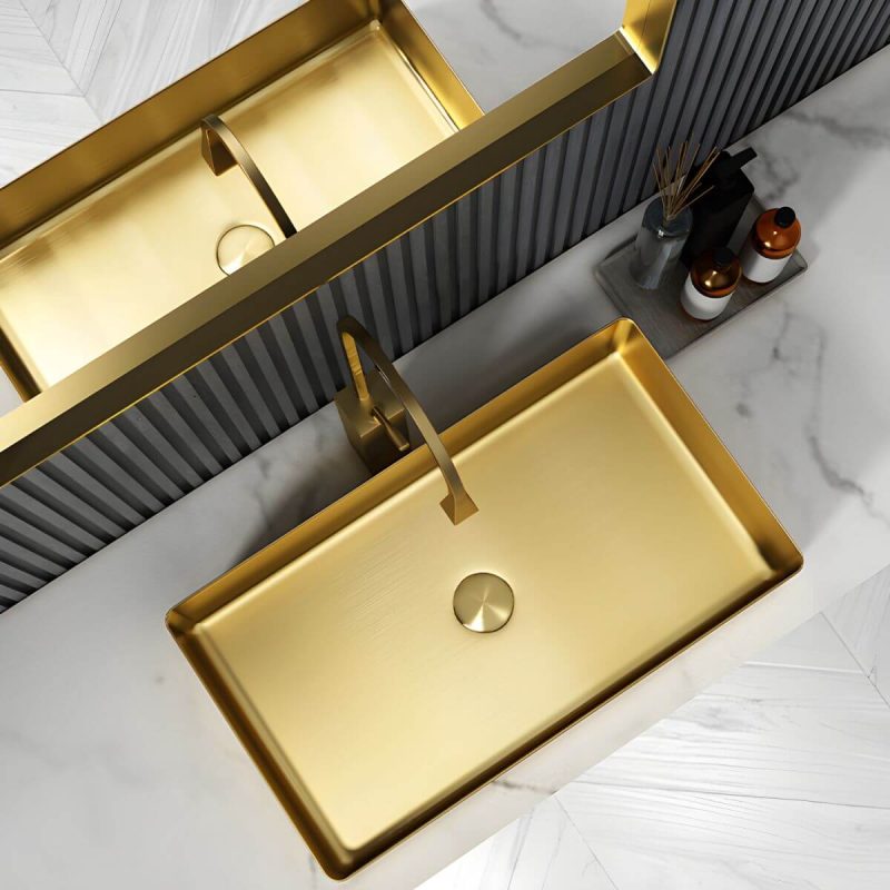 Modern Bathroom Sink Metal Rectangular Vessel Bathroom Sink with Pop-Up Drain - Gold Sink
