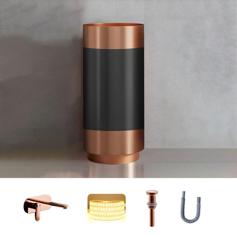 Modern Bathroom Sink with Pop-Up Drain Round Metal Pedestal Bathroom Sink - Black-Rose Gold Sink with Faucet Dual Hole Wall-Mounted Faucet