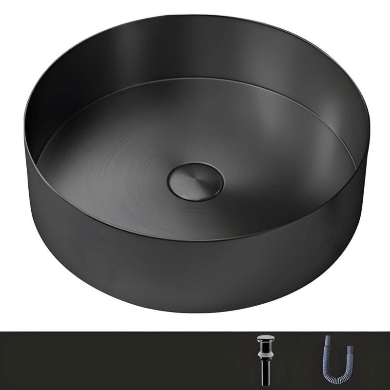 Modern Vessel Bathroom Sink Metal Round with Pop-Up Drain Wash Stand - Sink Black None