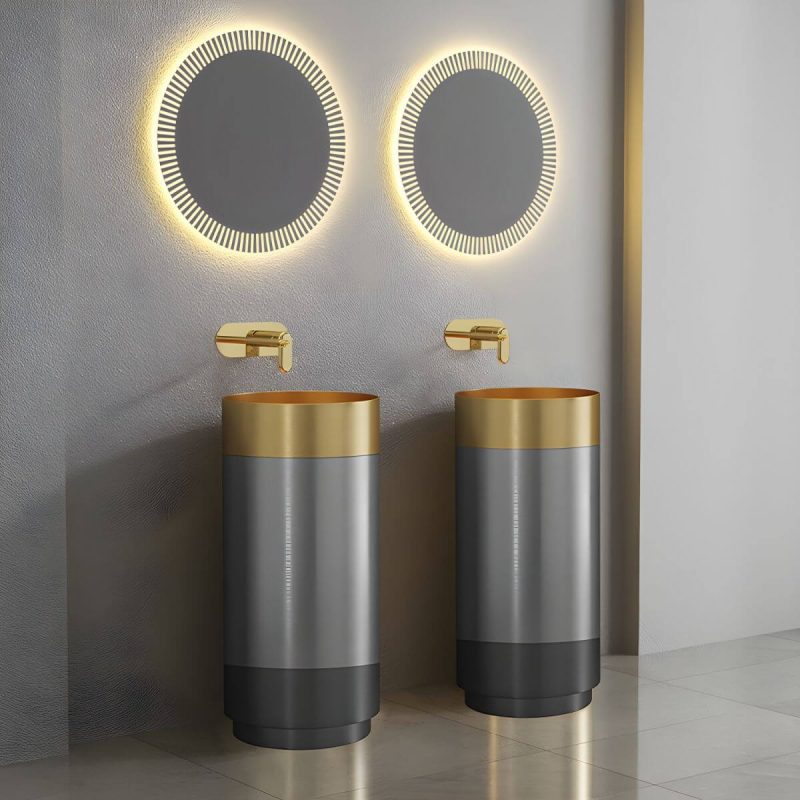 Modern Bathroom Sink with Pop-Up Drain Round Metal Pedestal Bathroom Sink - Grey/ Gold Sink with Faucet Wall Mounted Faucet