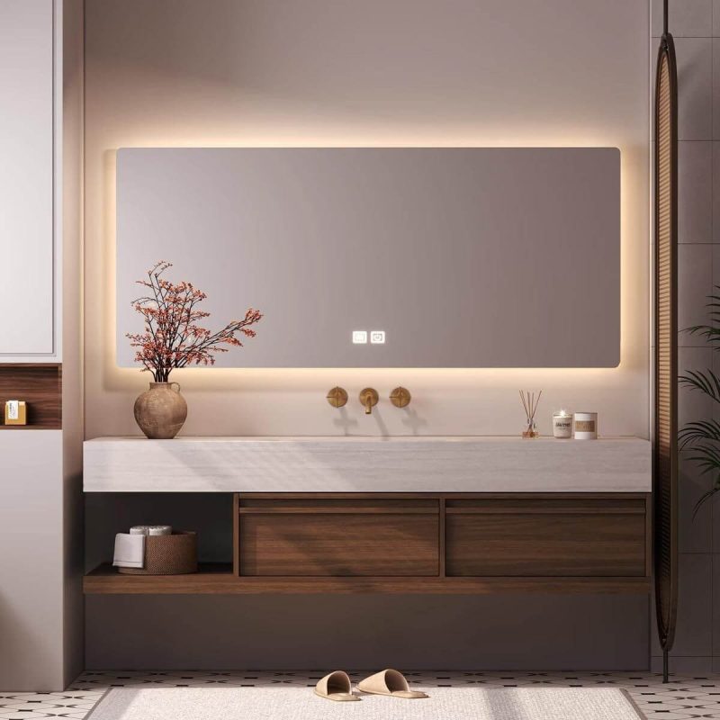 Butter Color Bathroom Vanity with Cocoa Base, Sintered Stone Sink, 1 Mirror, Rectangular Shape, Shelf, and Ink Faucet, Vanity & Faucet & Smart Mirror, 55"L x 22"W x 18"H