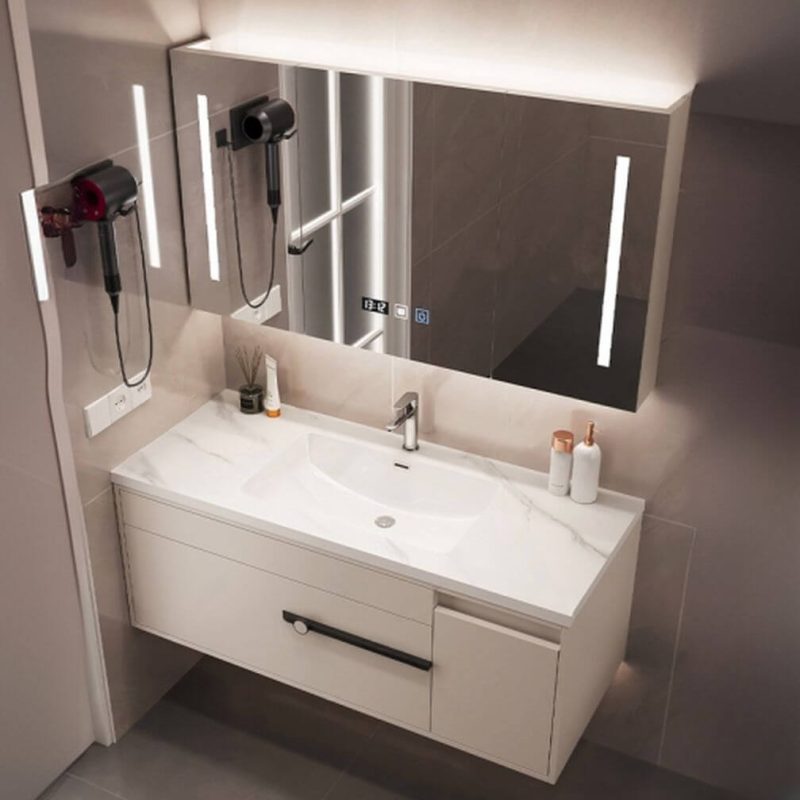Ivory Base Chalk Stone Bathroom Vanity with 1 Drawer, Cabinet Hardware, Silver Faucet and 4 Doors, 35.4"L x 19.7"W x 21.7"H, Vanity & Faucet & Smart Medicine Cabinet