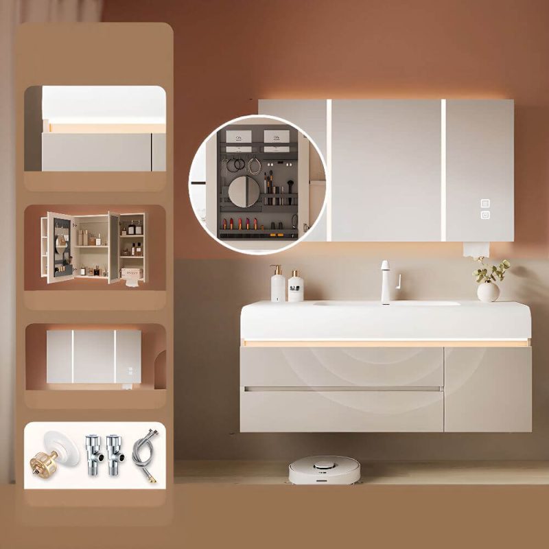 Chalk Bathroom Vanity with Sintered Stone Sink, 4 Doors, Overflow Hole, Simple Style, Drain Assembly, and Shelf, 36"L x 20"W x 22"H, Bathroom Vanity & Faucet & Smart Vanity Mirror Cabinet