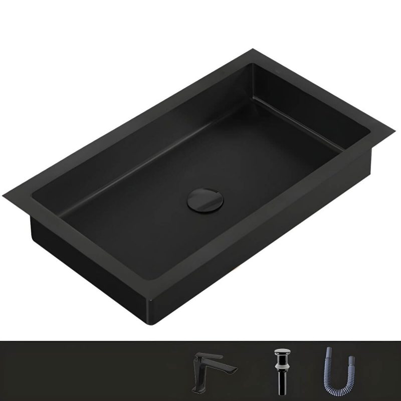 Metal Rectangular Bathroom Sink Modern Undermount Bathroom Sink - Sink with Faucet Black 7-Shaped Faucet