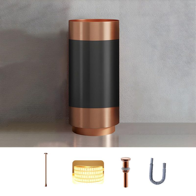 Modern Bathroom Sink with Pop-Up Drain Round Metal Pedestal Bathroom Sink - Black-Rose Gold Sink with Faucet Ceiling Sensing Faucet