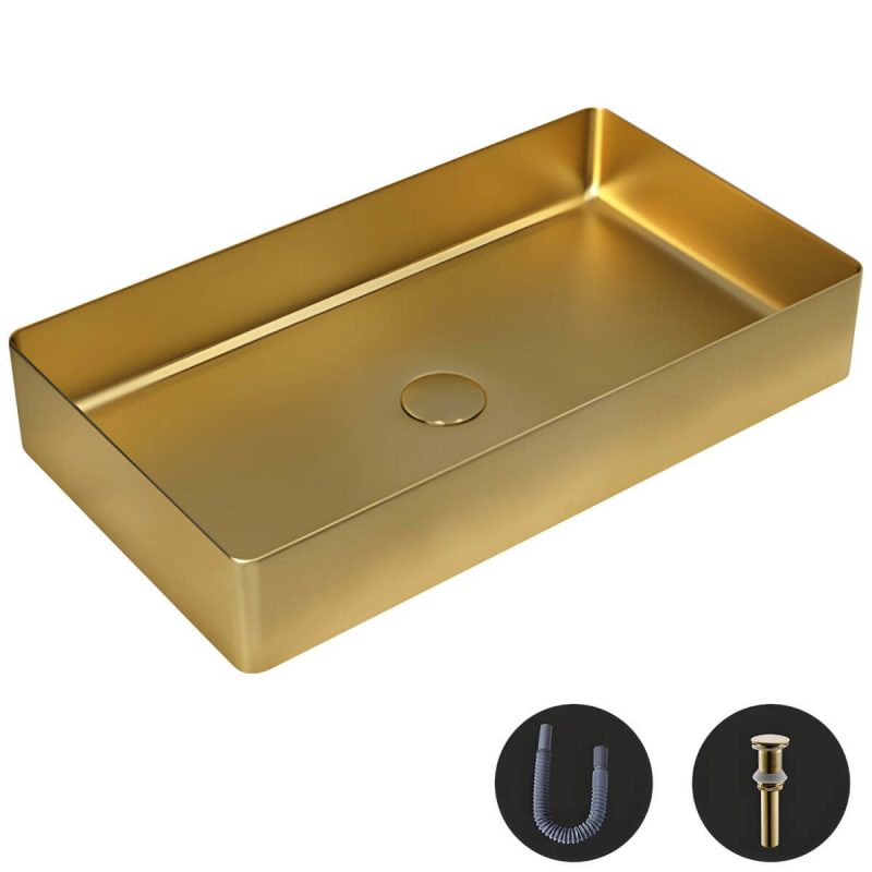 Modern Wash Stand Metal Rectangular with Drain Assembly and Faucet Vessel Bathroom Sink - Sink Gold None