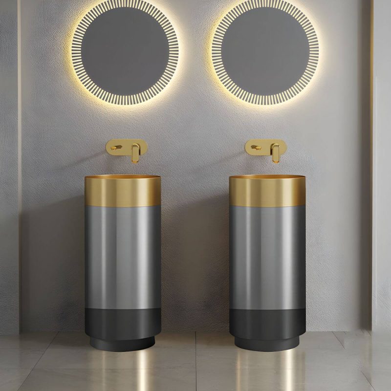 Modern Bathroom Sink with Pop-Up Drain Round Metal Pedestal Bathroom Sink - Black-Rose Gold Sink with Faucet Dual Hole Wall-Mounted Faucet