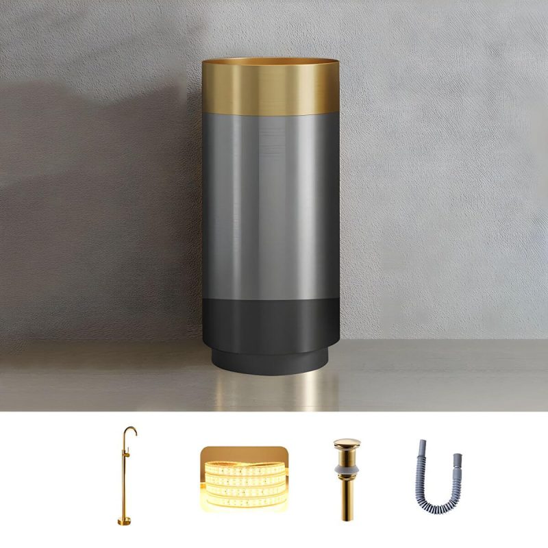 Modern Bathroom Sink with Pop-Up Drain Round Metal Pedestal Bathroom Sink - Gold Sink with Faucet Floor-standing