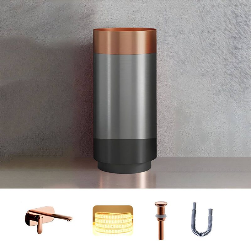 Modern Bathroom Sink with Pop-Up Drain Round Metal Pedestal Bathroom Sink - Rose Gold Sink with Faucet Dual Hole Wall-Mounted Faucet