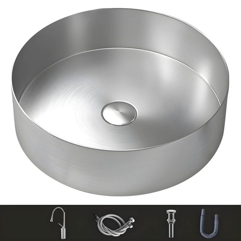 Modern Vessel Bathroom Sink Metal Round with Pop-Up Drain Wash Stand - Sink with Faucet Silver Gooseneck/High Arc