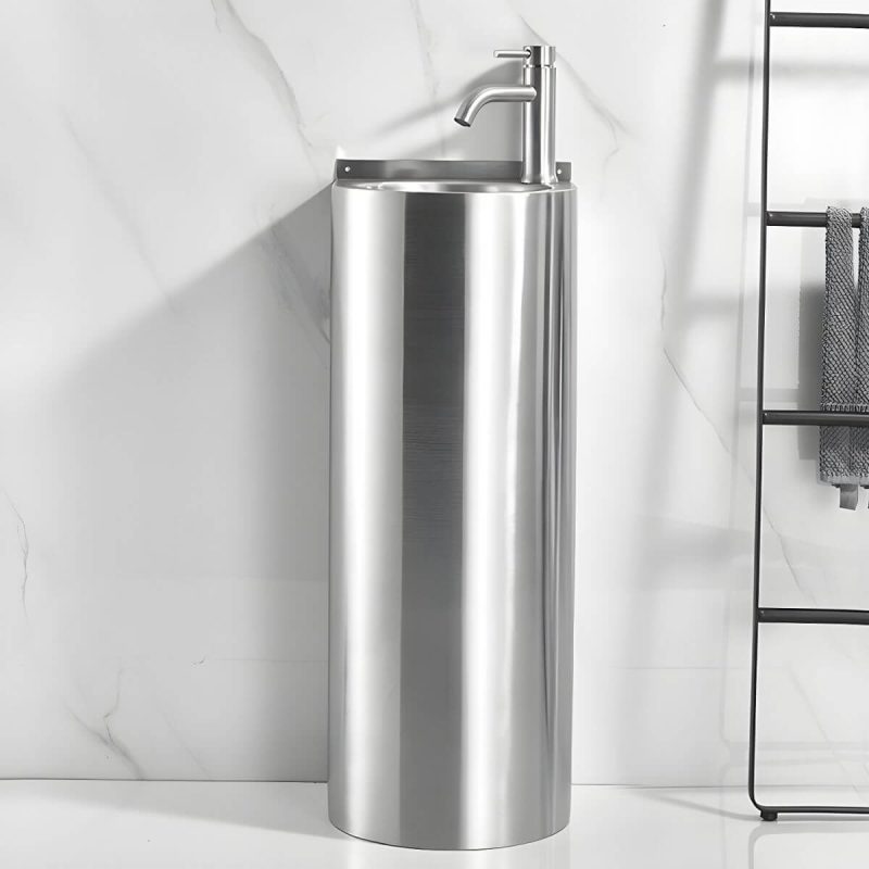 Contemporary Stainless Steel U-Shaped Pedestal Sink with Pop-Up Drain - Sink with Faucet Cold Water Dispensers Round Faucet