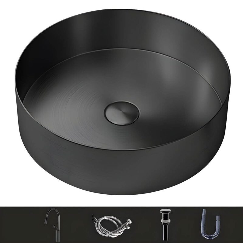 Modern Vessel Bathroom Sink Metal Round with Pop-Up Drain Wash Stand - Sink with Faucet Black Gooseneck/High Arc