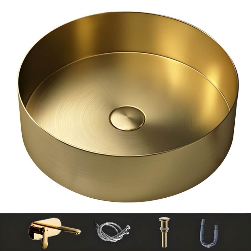 Modern Vessel Bathroom Sink Metal Round with Pop-Up Drain Wash Stand - Sink with Faucet Gold Round Faucet