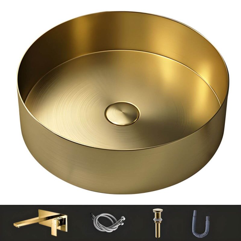 Modern Vessel Bathroom Sink Metal Round with Pop-Up Drain Wash Stand - Sink with Faucet Gold Square Faucet